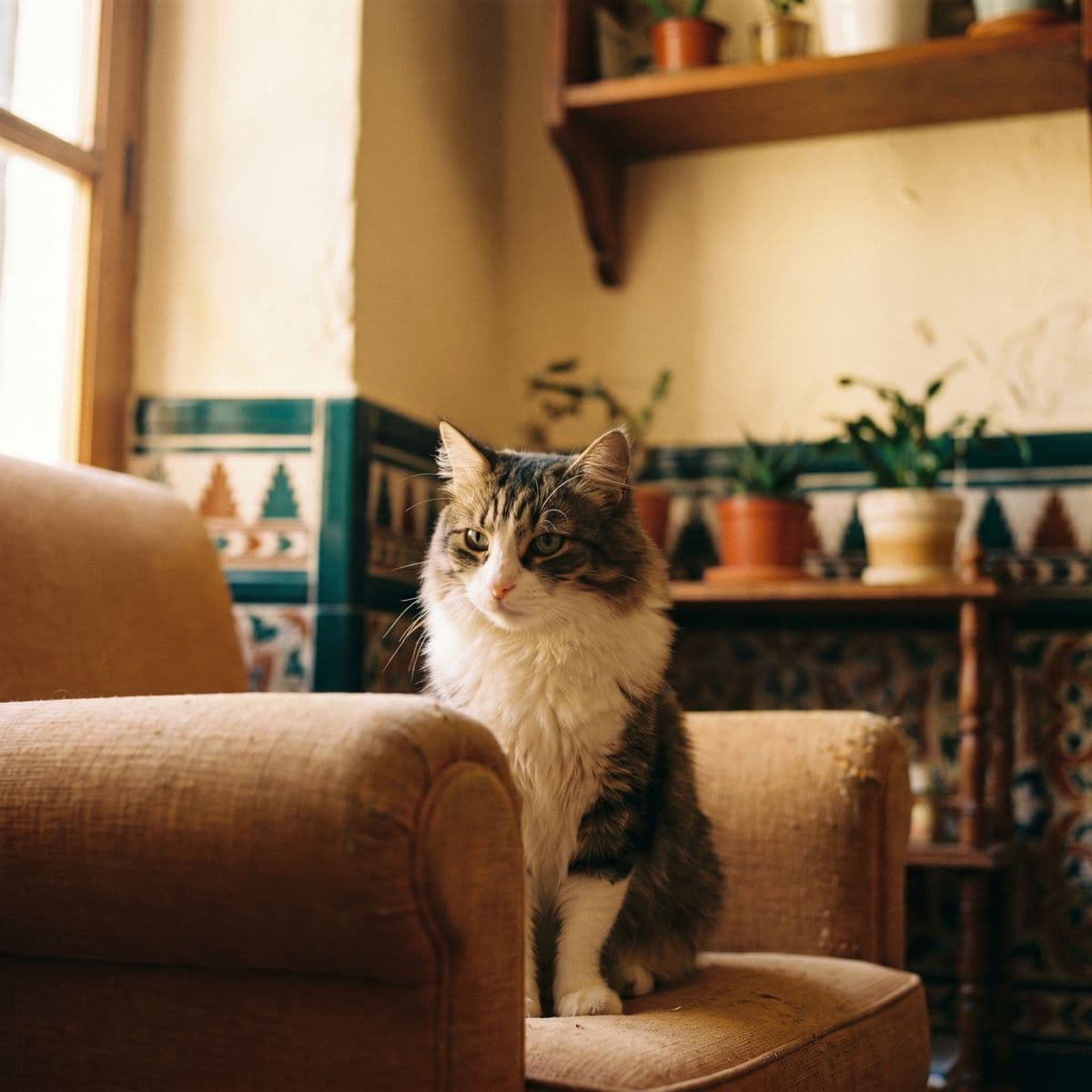 Gato pensativo mirando hacia la luz